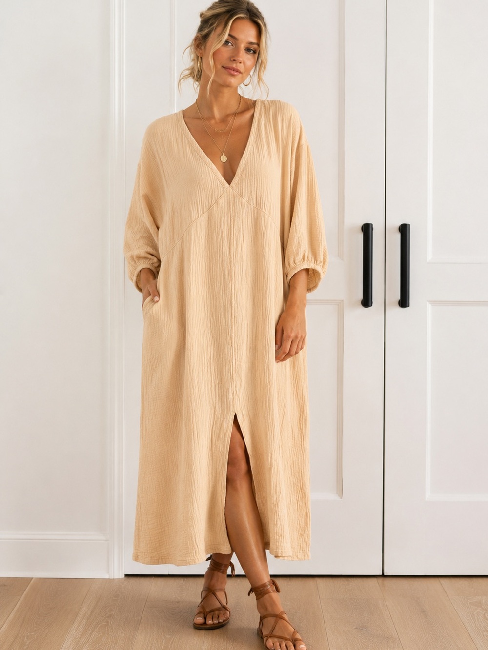 Nation Los Angeles Olpa Tapioca balloon sleeve Gauze Midi Dress XXL